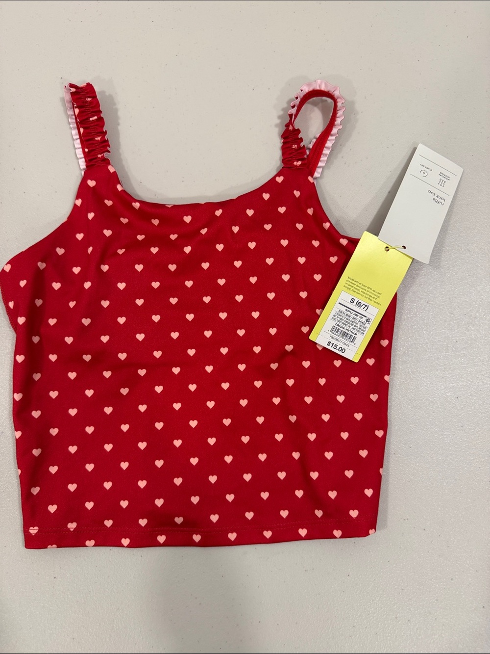 All in Motion girls  Red Heart-Print Ruffle Strap Crop Top size s 6/7